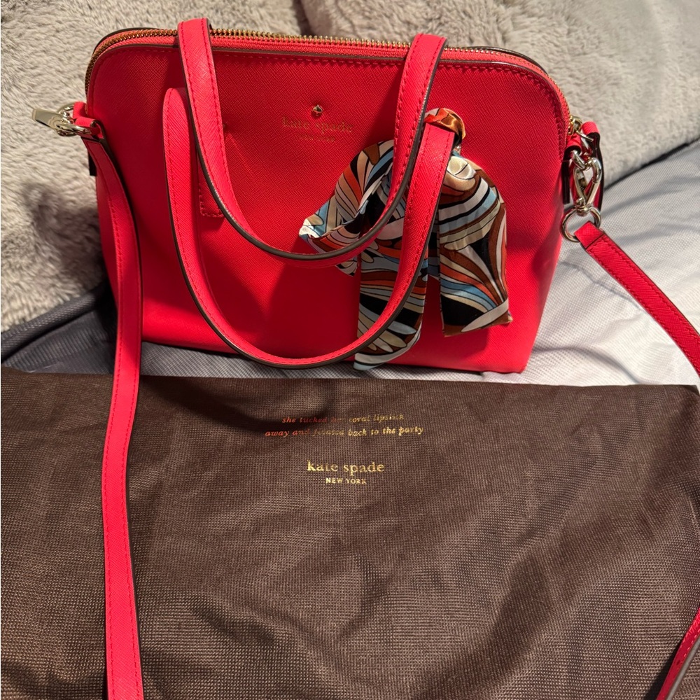 kate spade coral red saffiano leather satchel with patterned scarf